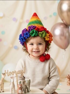 Handmade Rainbow Crochet Party Hat with Pom Pom Ties